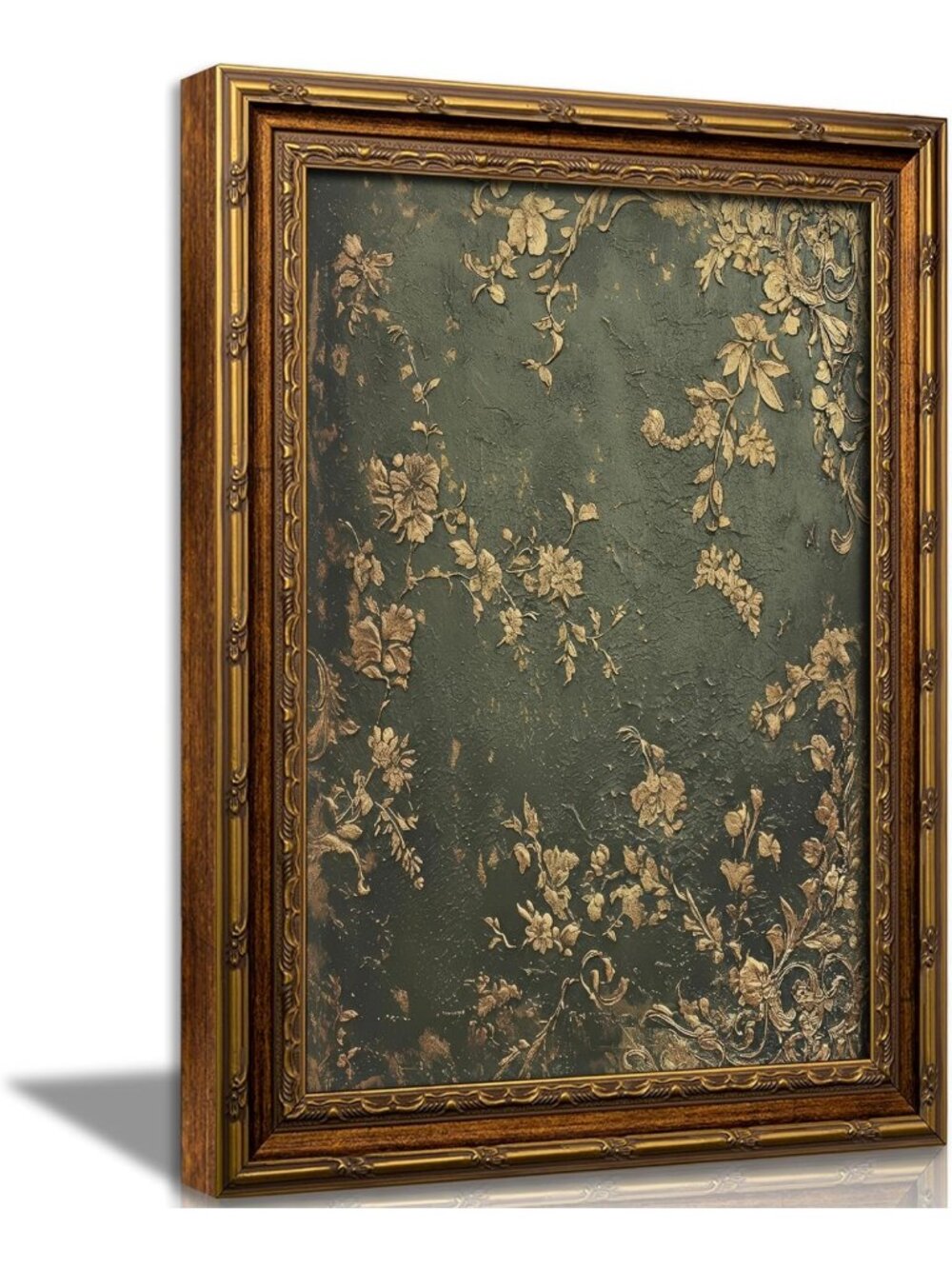 Vintage Gold Framed Dark Green Floral Wall Art - Luxurious Cottagecore Decor